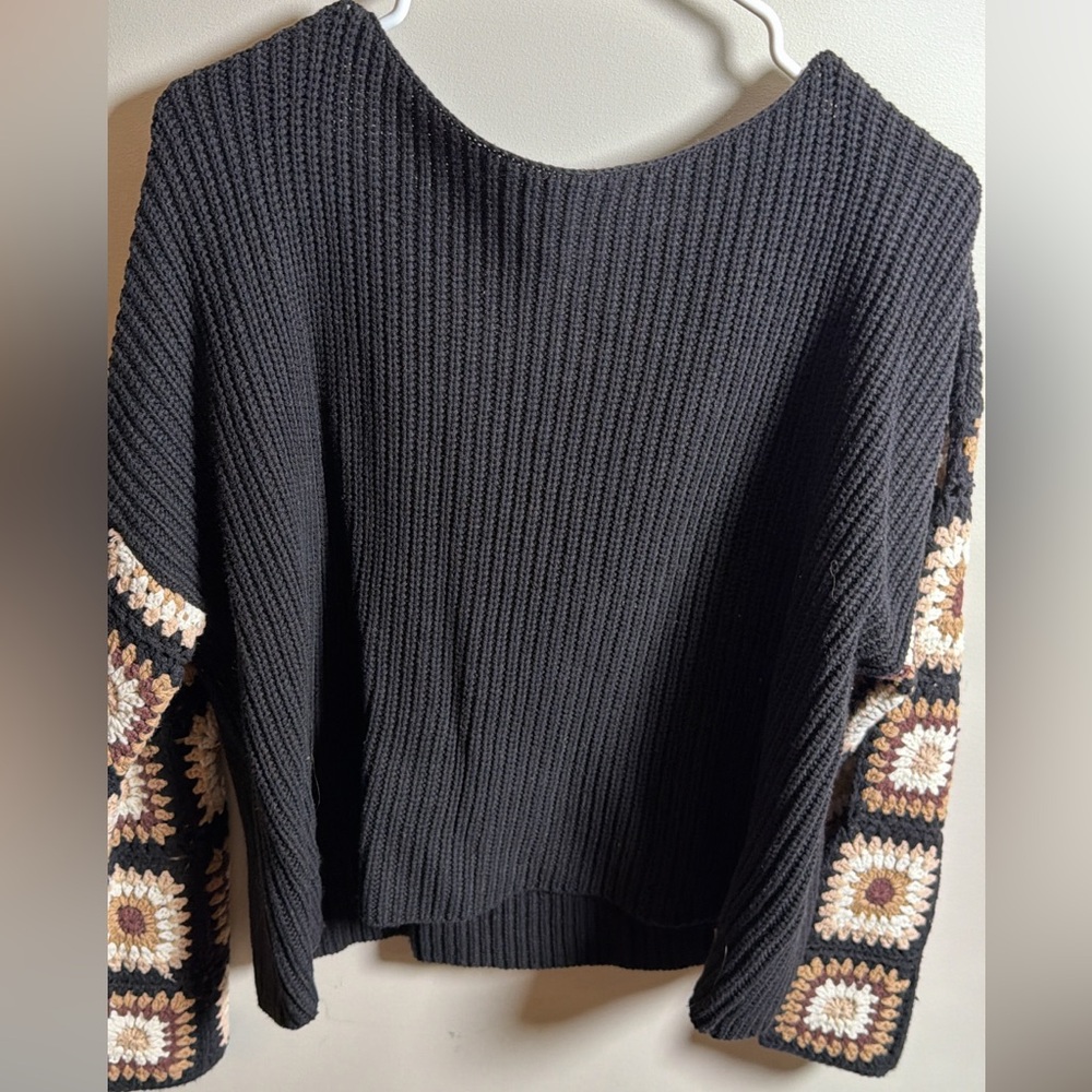 Pink Lily Black Sweater with Crochet Sleeves